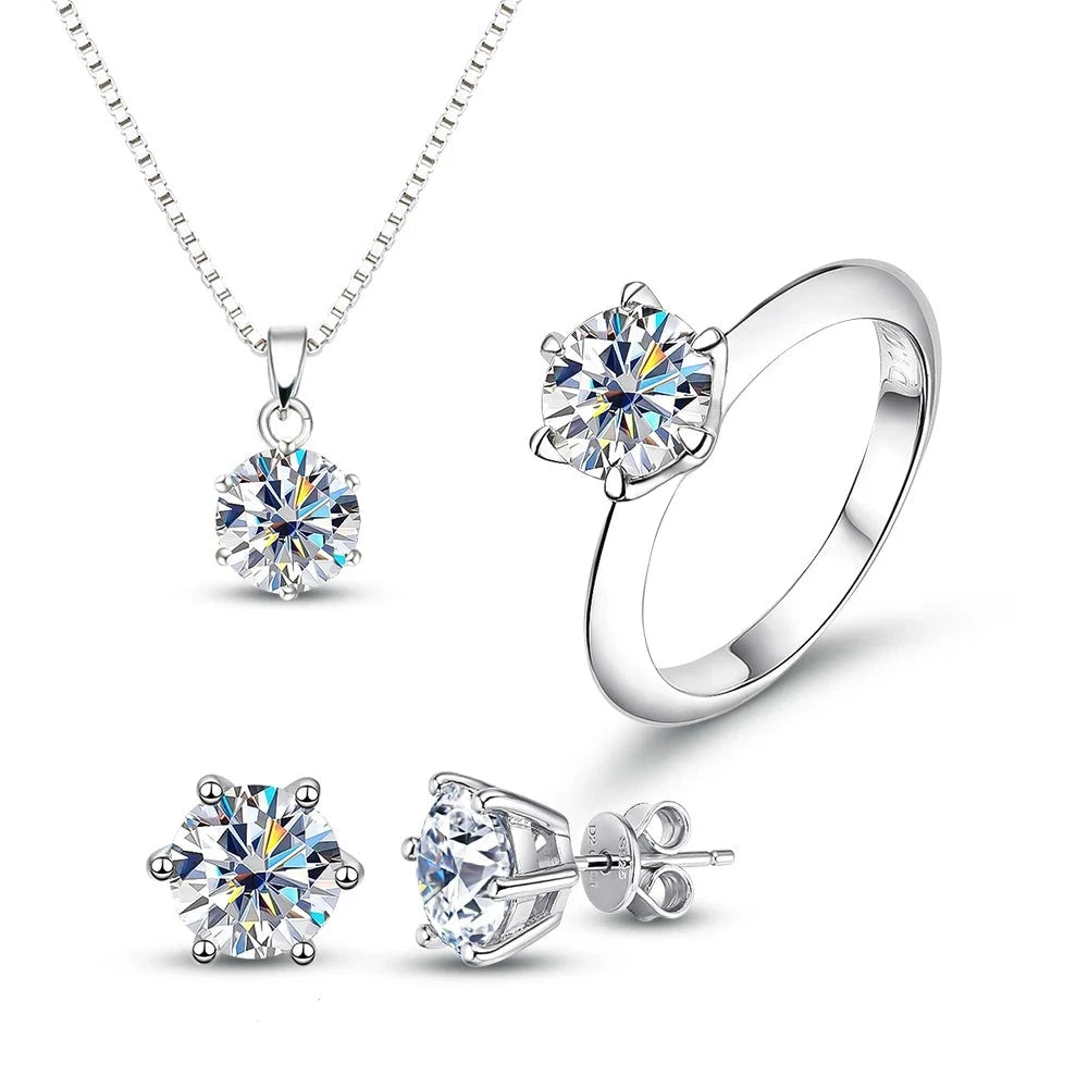 white/yellow 2CT Moissanite Diamond Set: Necklace+Earrings+Ring 925 Sterling Silver 18k  gold plated